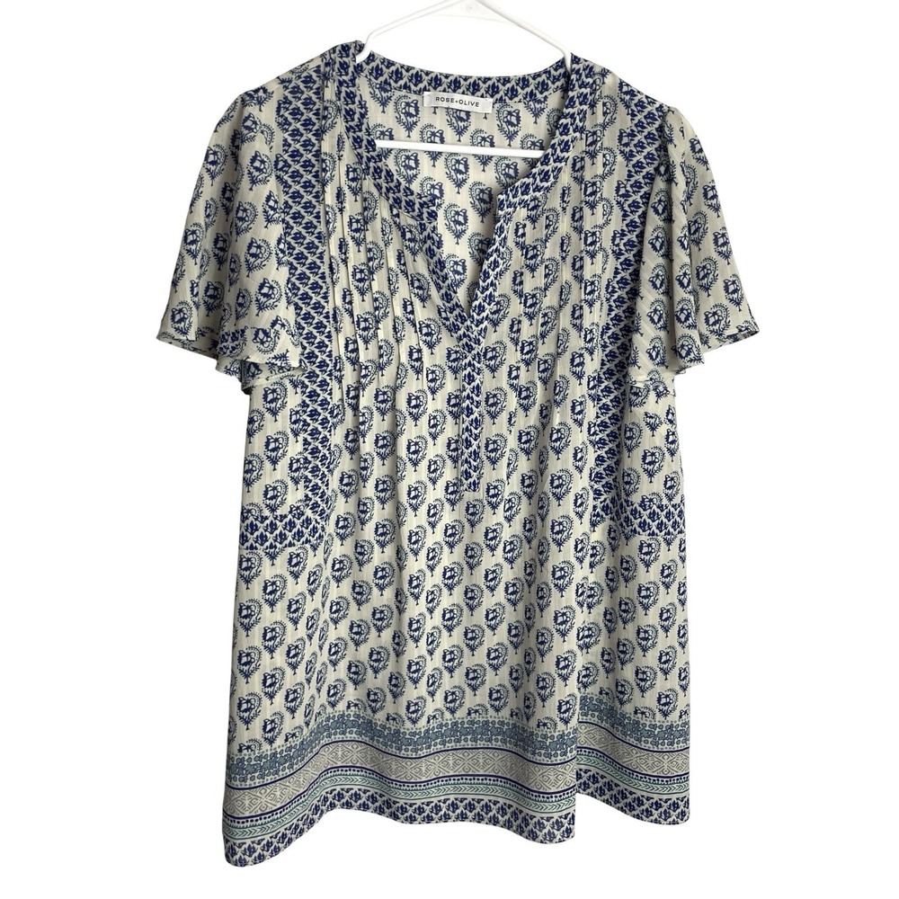 Rose + Olive Womens Pintuck Tunic Size 2X Blue Floral Flutter Sleeve Split Neck